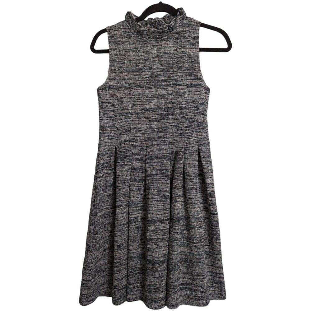 Ganni Anthropologie Grey Tweed Sleeveless Ruffle Neck Fit Flare Dress Size S